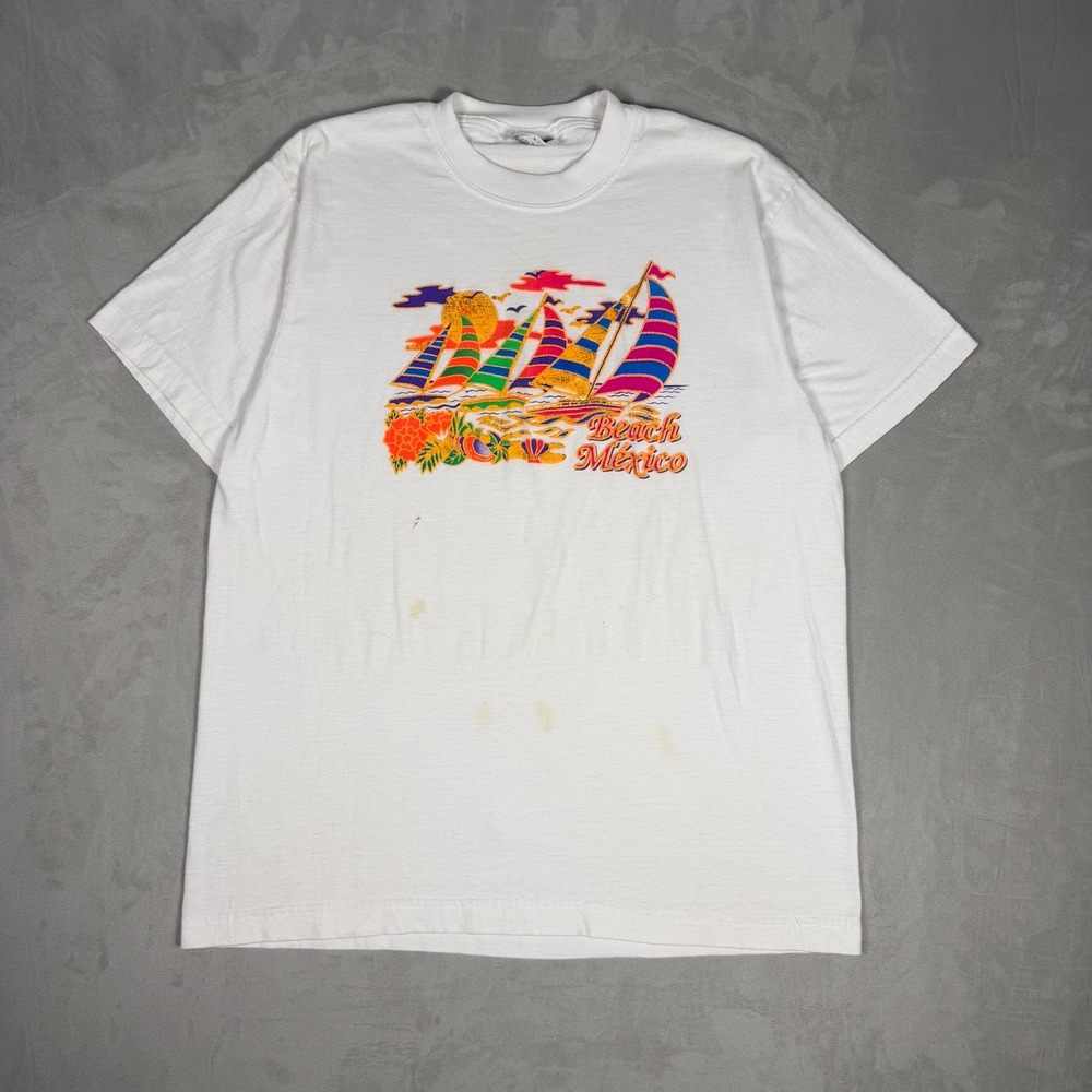 90s Mens Lolos Beach‎ Mexico Sailboat Graphic Souvenir T-Shirt Large